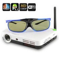 Tecnología DLP, Android 4.2 OS, Proyector LED, conexión Wi-Fi Soporte + Gafas 3D - Proyector 3D Quad Core LED